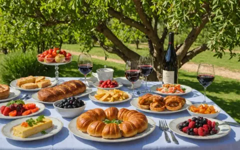 Un festin en plein air : pain, fruits, tartes et vin rouge, une véritable spécialité du Luberon sous les arbres.