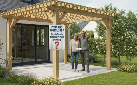 Un couple perplexe devant un panneau "Permis de construire ? Pergola Ouverte : Renseignez-vous en mairie". Le plan de masse de la pergola est visible.