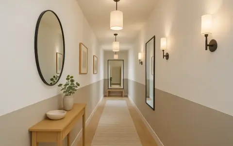 Éclairage couloir long et étroit avec appliques murales et suspensions cylindriques. Miroirs et tableaux décorent les murs.