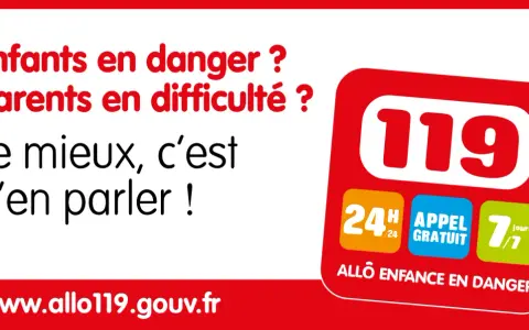 Logo du 119 "Allô Enfance en Danger" avec le slogan "Le mieux, c'est d'en parler !".