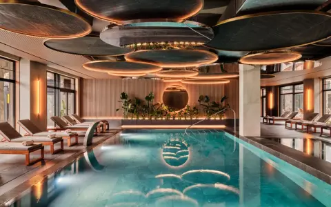 Nowoczesny basen SPA z leżakami i designerskim sufitem.