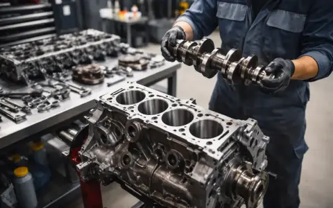 Mechanik w czarnych rękawiczkach trzyma wałek rozrządu nad blokiem silnika. Na stole leżą narzędzia i części, gotowe do remontu silnika 2T.