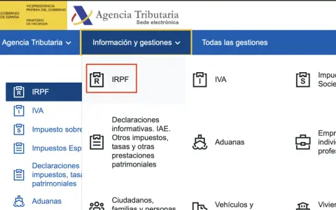 Página de la Agencia Tributaria con opciones como IRPF, IVA, Impuesto sobre Sociedades. El modelo 100 AEAT se gestiona aquí.