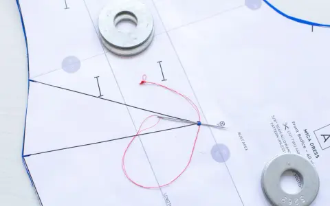 Sur un patron de couture, une aiguille rouge traverse le papier, retenue par des rondelles métalliques.