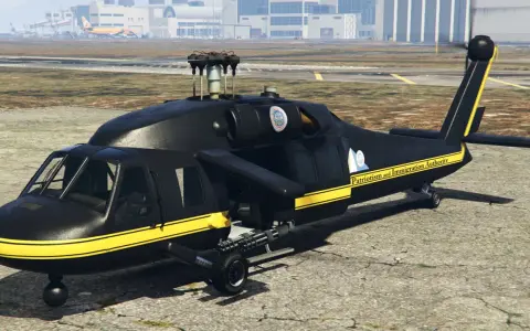 Czarny helikopter z żółtymi pasami i napisem "Patriotism and Immigration Authority". Idealny do misji w GTA San Andreas, jeśli znasz kod na helikopter.
