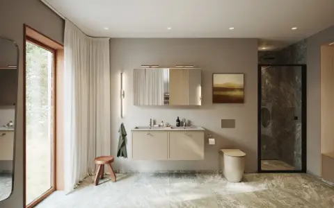 Modernt badrum med dubbla handfat, beige kommod och dusch. Perfekt badrum inspiration för ett stilrent hem.
