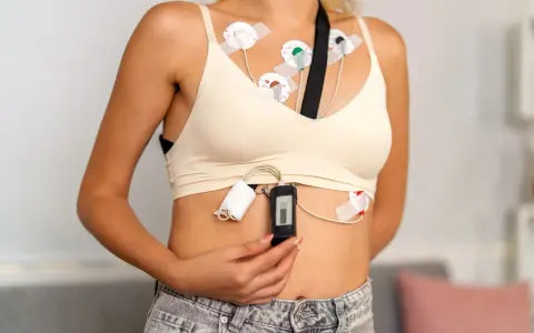 Kobieta z przyklejonymi elektrodami do klatki piersiowej, podłączonymi do rejestratora. To holter ekg, monitorujący pracę serca.