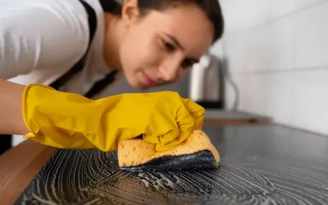 Kobieta w żółtej rękawiczce czyści płytę indukcyjną gąbką z pianą. Prosty sposób, jak czyścić płytę indukcyjną domowym sposobem.