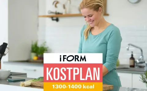 Glad kvinna i köket förbereder mat enligt en kostplan på 1300 kalorier per dag.