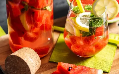 Orzeźwiający drink w arbuzie z cytryną i miętą, podany w szklance i karafce. Idealny na upalne dni.