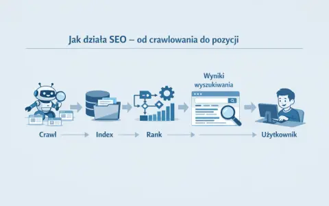 Schemat działania SEO: robot indeksuje strony (Crawl), tworzy bazę danych (Index), ustala ranking (Rank), by użytkownik znalazł wyniki wyszukiwania i osiągnął dobrą pozycję.