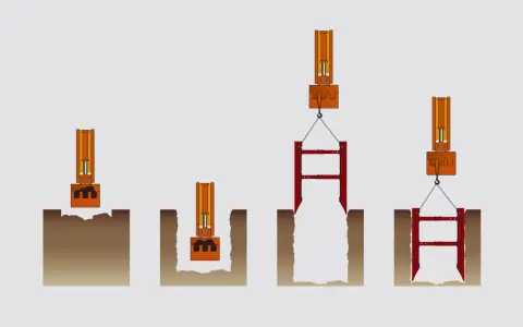 Secuencia de excavación y entibación cuajada. Se muestra una excavadora retirando tierra y luego la instalación de una estructura de soporte.