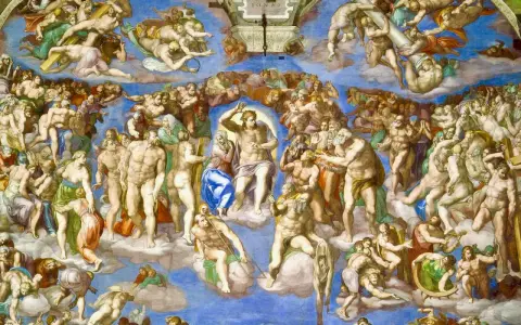 Michelangelo's Last Judgment fresco: Christ presides over the resurrected souls ascending to heaven and descending to hell.