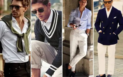 Cuatro hombres con estilo "old money": camisas, suéteres, pantalones claros y gafas de sol.