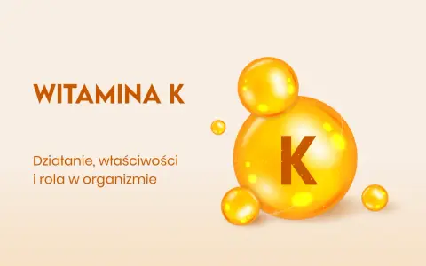 Pomarańczowe kuleczki z literą K w środku, tekst "WITAMINA K" i "Działanie, właściwości i rola w organizmie".