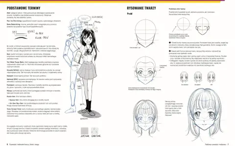 Postacie anime rysunki: dziewczyna w szkolnym mundurku, szkice postaci i instrukcje rysowania twarzy w stylu mangi.