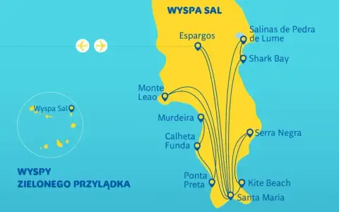 Mapa wyspy Sal na Wyspach Zielonego Przylądka, pokazująca lokalizacje takie jak Espargos, Santa Maria i Kite Beach.