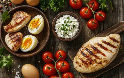 Grillad kyckling, ägg och keso – en bra grund för att veta hur mycket protein per måltid du behöver. Tomater och örter ger fräschör.