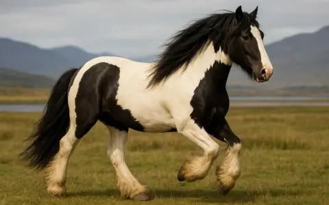 Un magnifique cheval cob gypsy pie noir et blanc galope dans un pré verdoyant, sa crinière au vent.