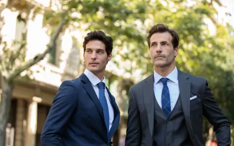 Due uomini eleganti in abiti sartoriali, un esempio di stile delle marche abbigliamento uomo famose, passeggiano in una strada alberata.