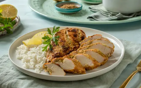 Sabroso pollo tandoori cortado en rodajas, servido con arroz blanco y una rodaja de limón.