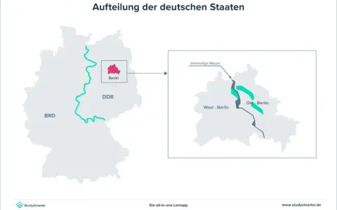 Karte zeigt die Teilung Deutschlands in BRD und DDR, mit Berlin als geteilter Stadt, die von der ehemaligen Mauer durchzogen ist.