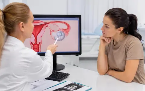 Lekarz wyjaśnia pacjentce obraz jajnika z torbielą. Czego nie wolno robić w takiej sytuacji?