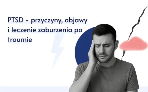 Mężczyzna z ręką na skroni, wyraźnie straumatyzowany, z pęknięciem i chmurką symbolizującymi PTSD.