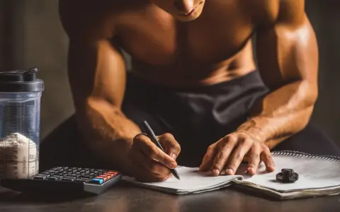 Un athlète calcule combien de protéine par jour il doit consommer, avec un shaker de poudre, une calculatrice et un carnet.
