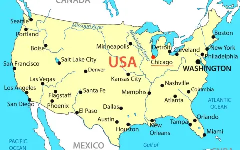 Mapa USA z zaznaczonym Chicago. Miasto leży nad jeziorem Michigan, na północny zachód od Waszyngtonu.