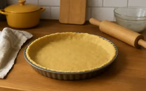 Une pâte brisée sans beurre, prête à être garnie, repose dans un moule à tarte. Un rouleau à pâtisserie et une serviette sont à proximité.