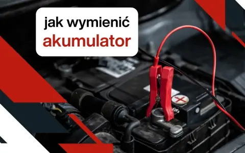 Czerwone kable z zaciskami podłączone do akumulatora samochodowego. Tekst: "jak wymienić akumulator".