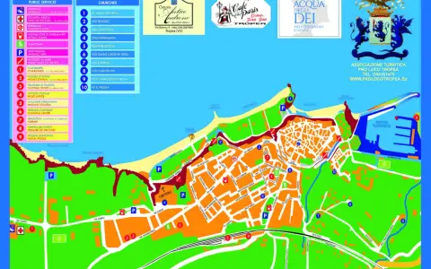 Mappa di Vibo Valentia Tropea con indicazioni per servizi pubblici, chiese, ristoranti e porto turistico.