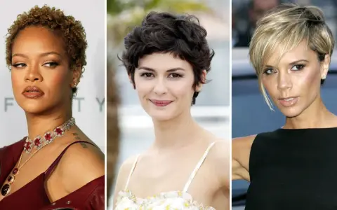 Tres mujeres con un corte pixie medio: Rihanna con rizos rubios, Audrey Tautou con pelo oscuro y ondulado, y Victoria Beckham con un rubio asimétrico.