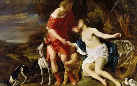 Piękny Adonis, w otoczeniu psów i amorka, żegna się z ukochaną.