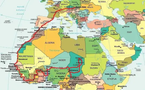 Trasa podróży przez Afrykę i Bliski Wschód, zaznaczona na mapie. Widoczna jest **kamerun mapa** z zaznaczonymi miastami i granicami państw.