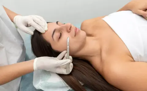Une esthéticienne effectue un dermaplaning visage sur une femme allongée, utilisant un scalpel pour exfolier délicatement la peau.