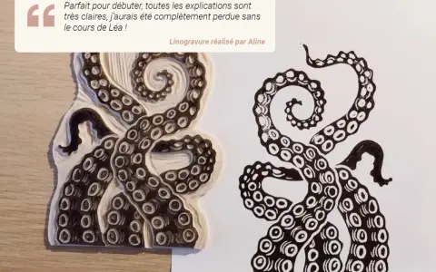 Témoignage sur un cours beaux-arts en ligne gratuit. Une linogravure de tentacules d'une pieuvre, réalisée par Aline.
