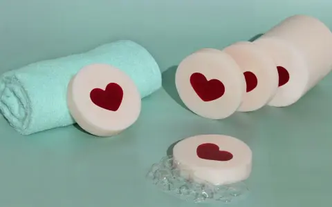 Jabones de glicerina con corazones rojos, listos para hacer jabón. Toalla turquesa y burbujas.