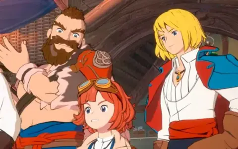 Tres personajes de anime: un hombre barbudo, una chica con gafas y un chico rubio.