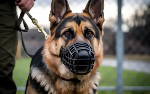 Berger allemand muselé, tenu en laisse. Un outil pour savoir comment faire lâcher un chien qui attaque.