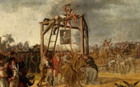 Scena z targowicy: wisielec, tłum, karoce i portret. Dramatyczne wydarzenie historyczne.