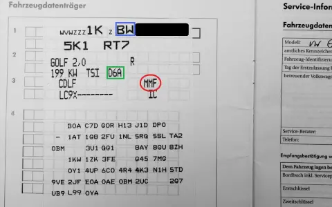 Fahrzeugdatenblatt mit VW Getriebecode Liste. Zeigt u.a. die Kennzeichen BW, D6A und MMF.
