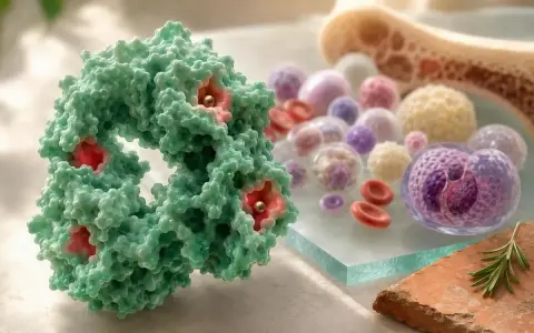 Struttura molecolare verde con centri rossi e dorati, circondata da globuli rossi e cellule, suggerisce saturazione della transferrina bassa.