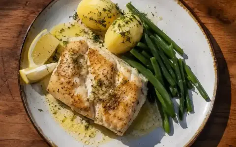 En tallrik med saftig torskrygg, kokt potatis, gröna bönor och citronklyftor. Perfekt för ett enkelt torskrygg recept.