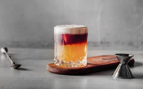 Ein New York Sour mit schichtweisem Rotwein, Whiskey und Schaum. Daneben ein Jigger und ein Barlöffel.