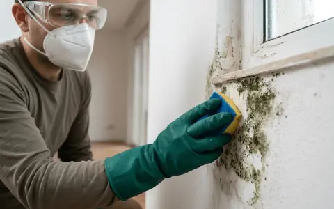 Hombre con mascarilla y guantes verdes limpiando moho de la pared con una esponja. Aprende como quitar el moho de la pared.