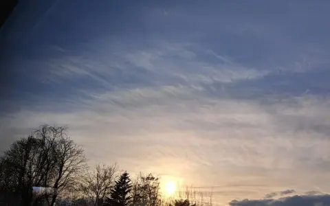 Sonnenuntergang mit zarten Wolken, die wie Pinselstriche wirken. Bäume im Vordergrund, die an Psalm 147,3 erinnern: "Er heilt, die zerbrochenen Herzens sind, und verbindet ihre Wunden.