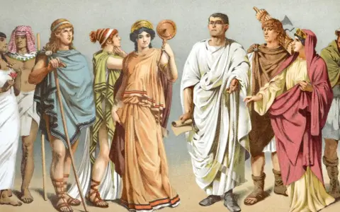 Bunte Darstellung von Frauen und Männern in antiken Gewändern, die an eine Szene mit Frauen im alten Rom erinnert.