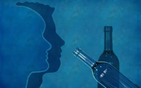 Dwie sylwetki ludzkie patrzą na siebie. Obok butelki, symbolizujące alkohol, którego nie wolno jeść przy esperalu.